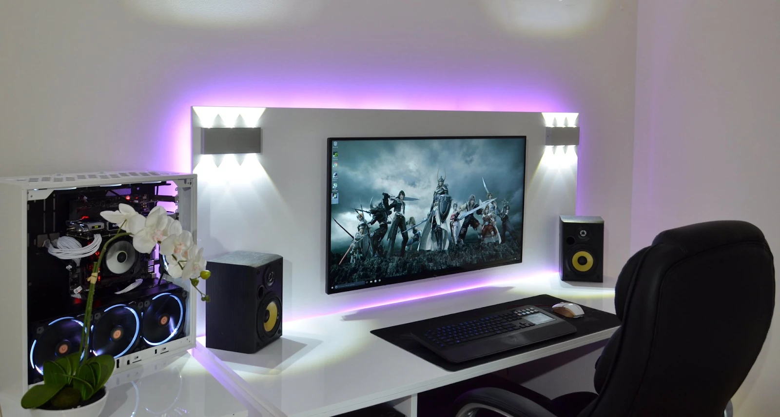 minimalist all white gaming setup